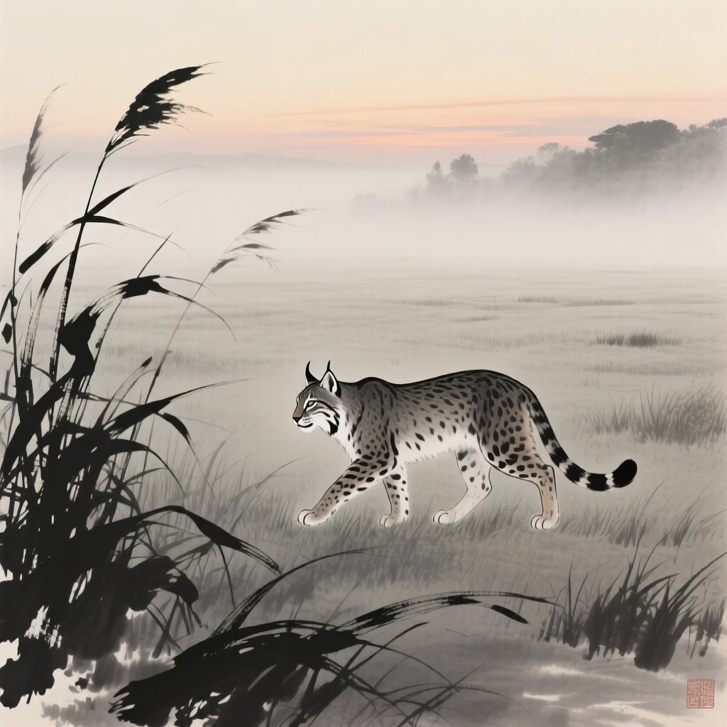 A lynx walking through tall grass at dusk across an open grassy plain, viewed through a gentle veil of morning mist, evoking the gentle rhythm of the natural world.