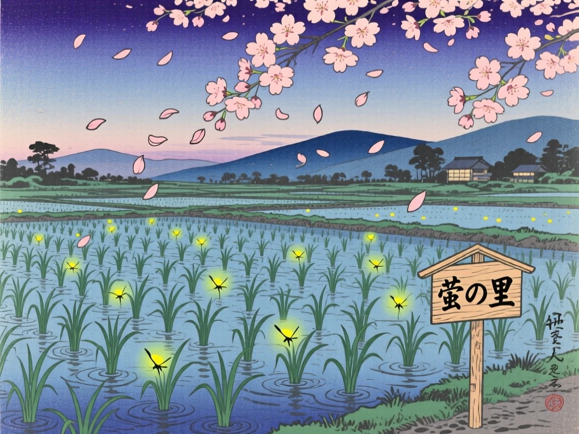 A rice paddy dotted with fireflies at twilight beneath a canopy of drifting petals.