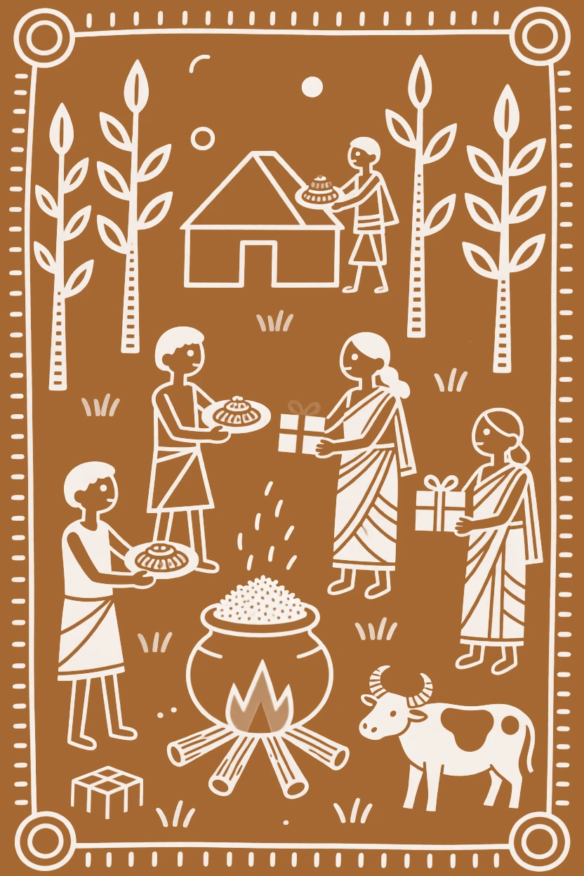 Pongal celebrated as villagers exchange sweets and gifts.