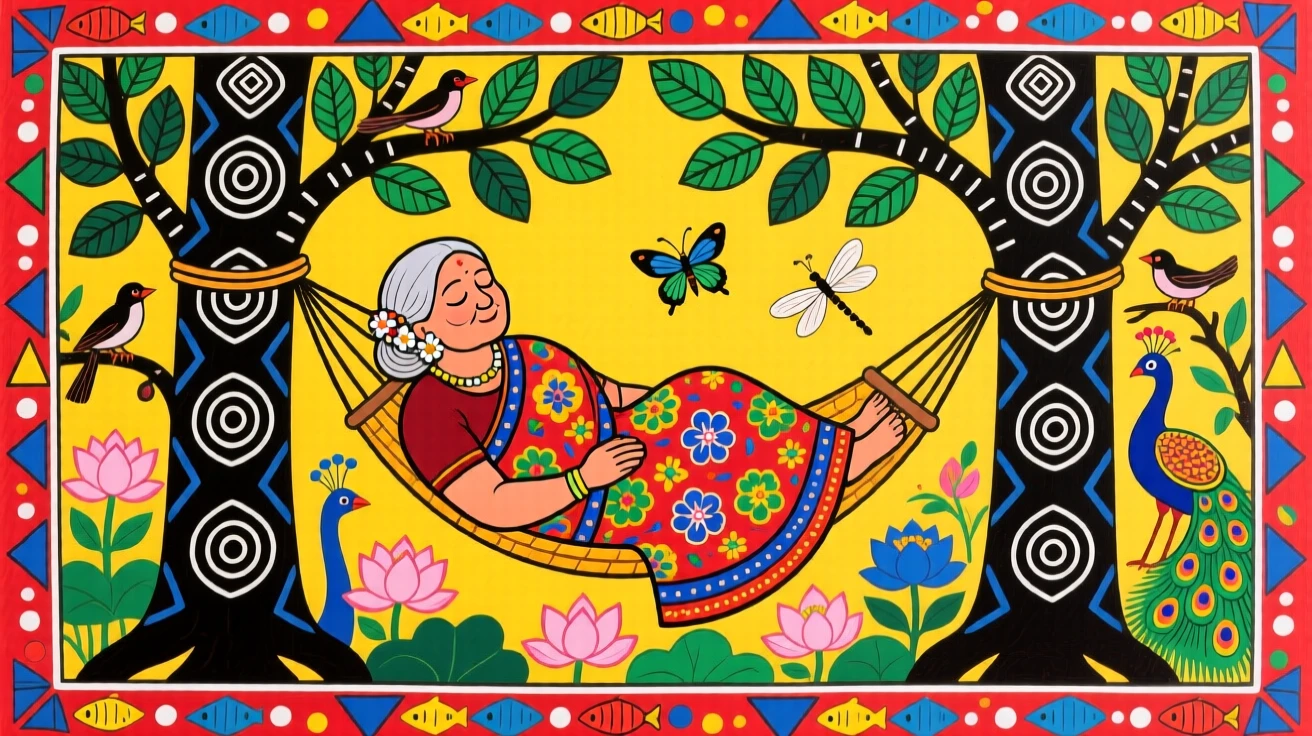 A grandmother resting in a hammock strung between two courtyard trees.
