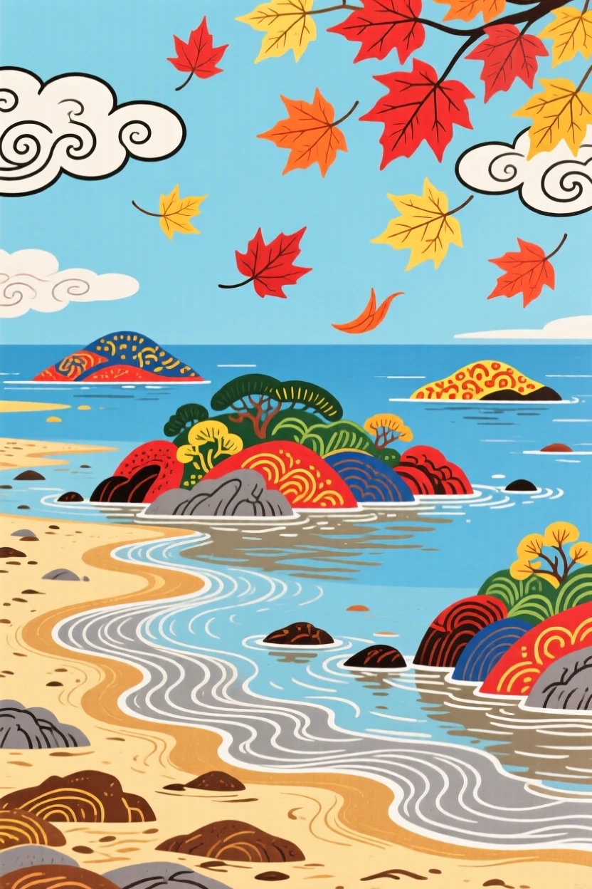 A sweeping view of an island dotted bay at low tide with autumn leaves swirling in the wind.