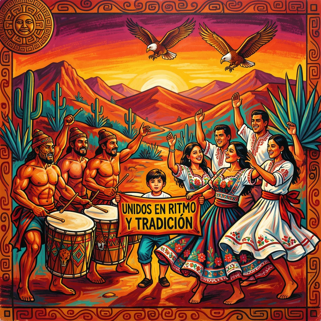 A group of drummers and dancers performing at sunset