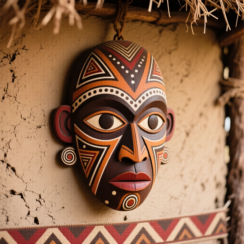 A mask representing a guardian spirit hung on a hut wall.