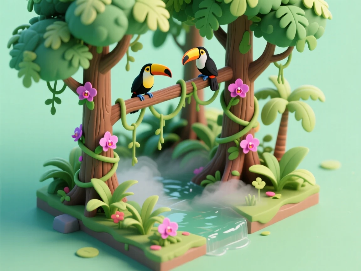 A rainforest canopy alive with color, toucans perched on vines, orchids blooming from tree trunks, and mist rising from the jungle floor below.