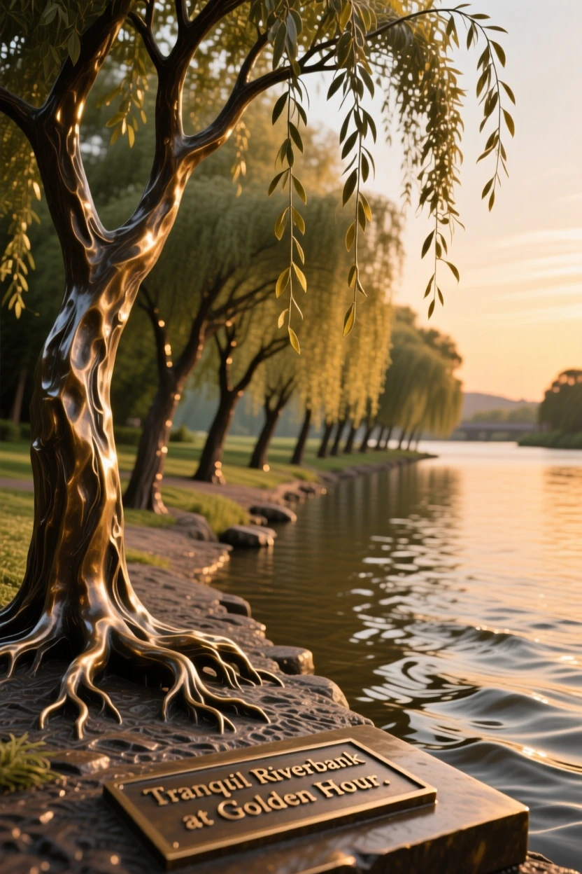 A peaceful riverbank lined with weeping willow trees, bathed in the warm hues of golden hour, offering a breathtaking sense of place