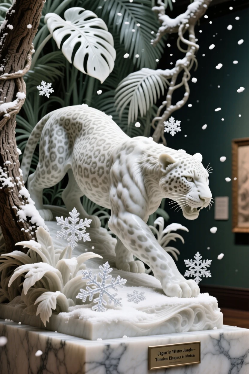 A jaguar prowling through dense jungle captured in a powerful, dignified pose surrounded by falling snow