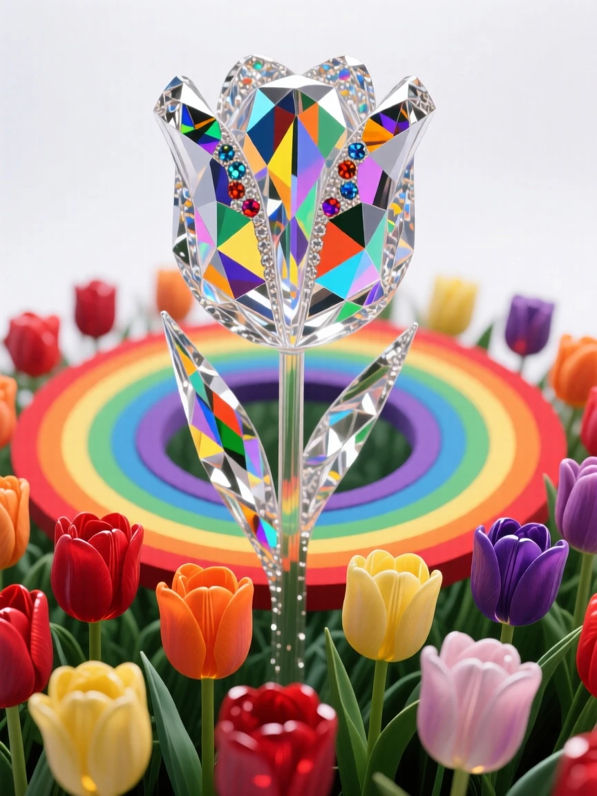 A field of blooming tulips arranged in concentric rainbow circles.