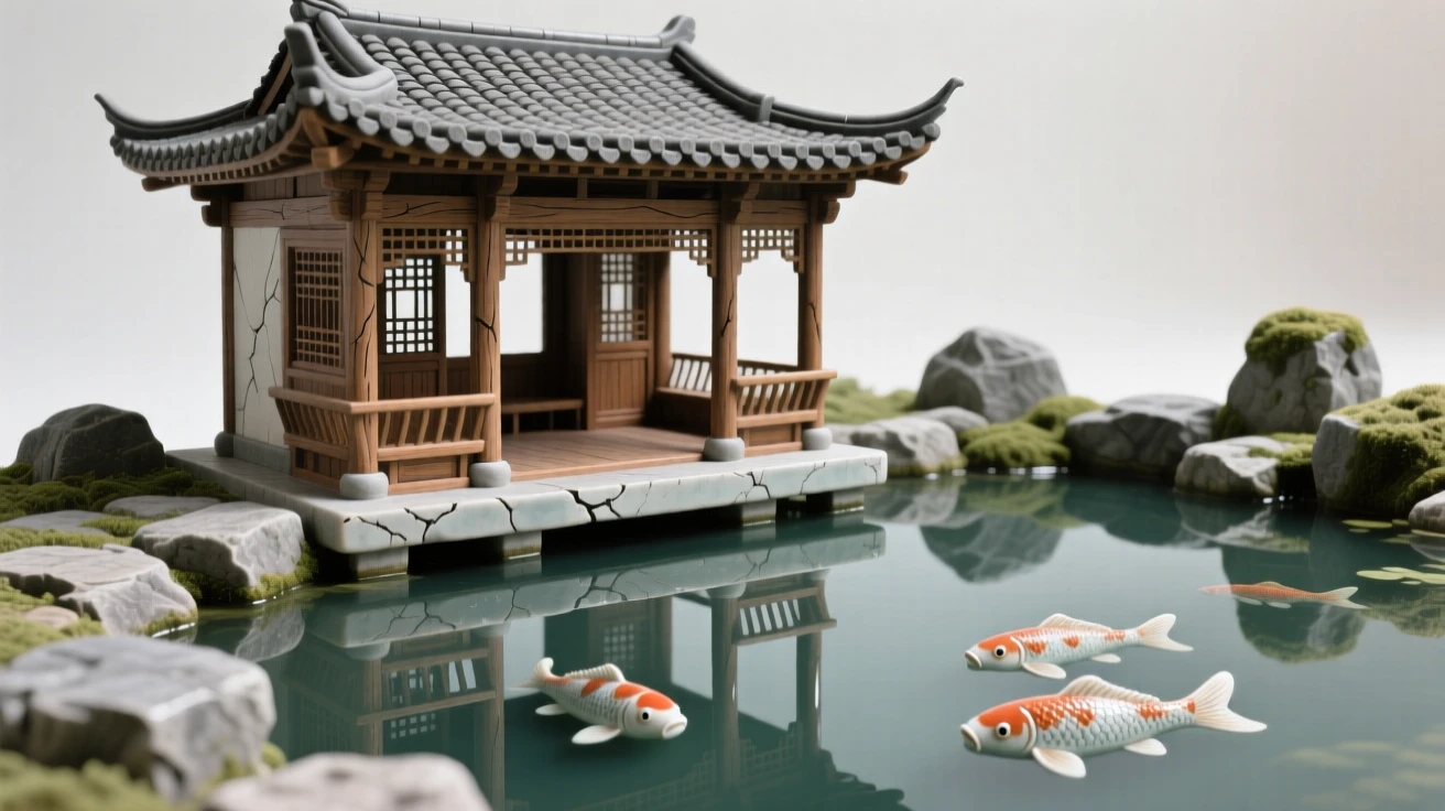 A garden pavilion beside a koi pond reflected in the still waters below, with weathered stone showing centuries of history, stirring a sense of history and enduring beauty.
