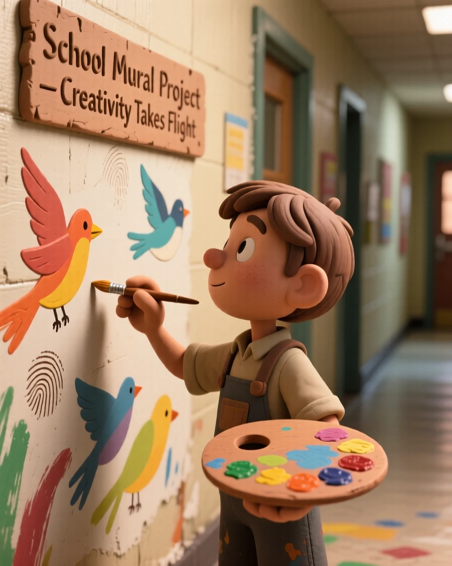 A young artist painting a mural of birds on a school hallway wall