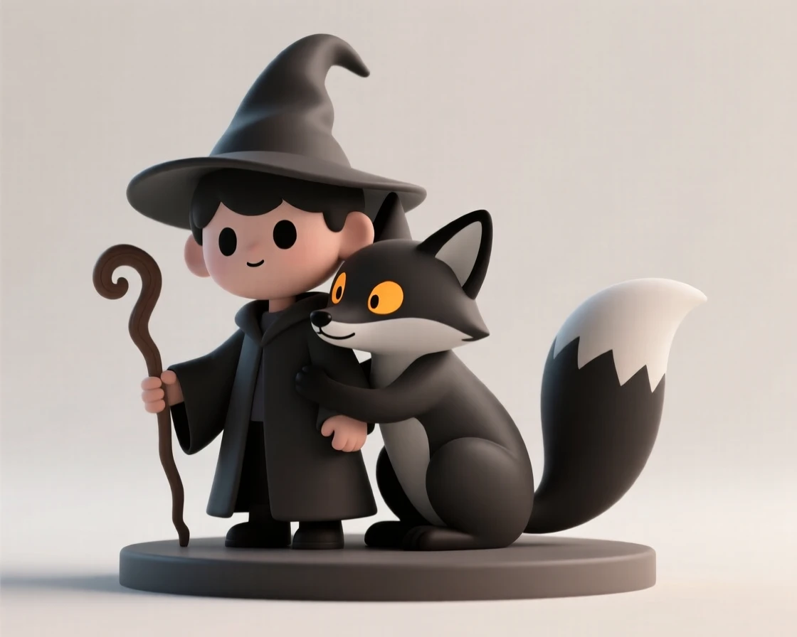 A cunning fox familiar curls around a young sorcerer's shoulders, eyes glowing amber with quiet magic.