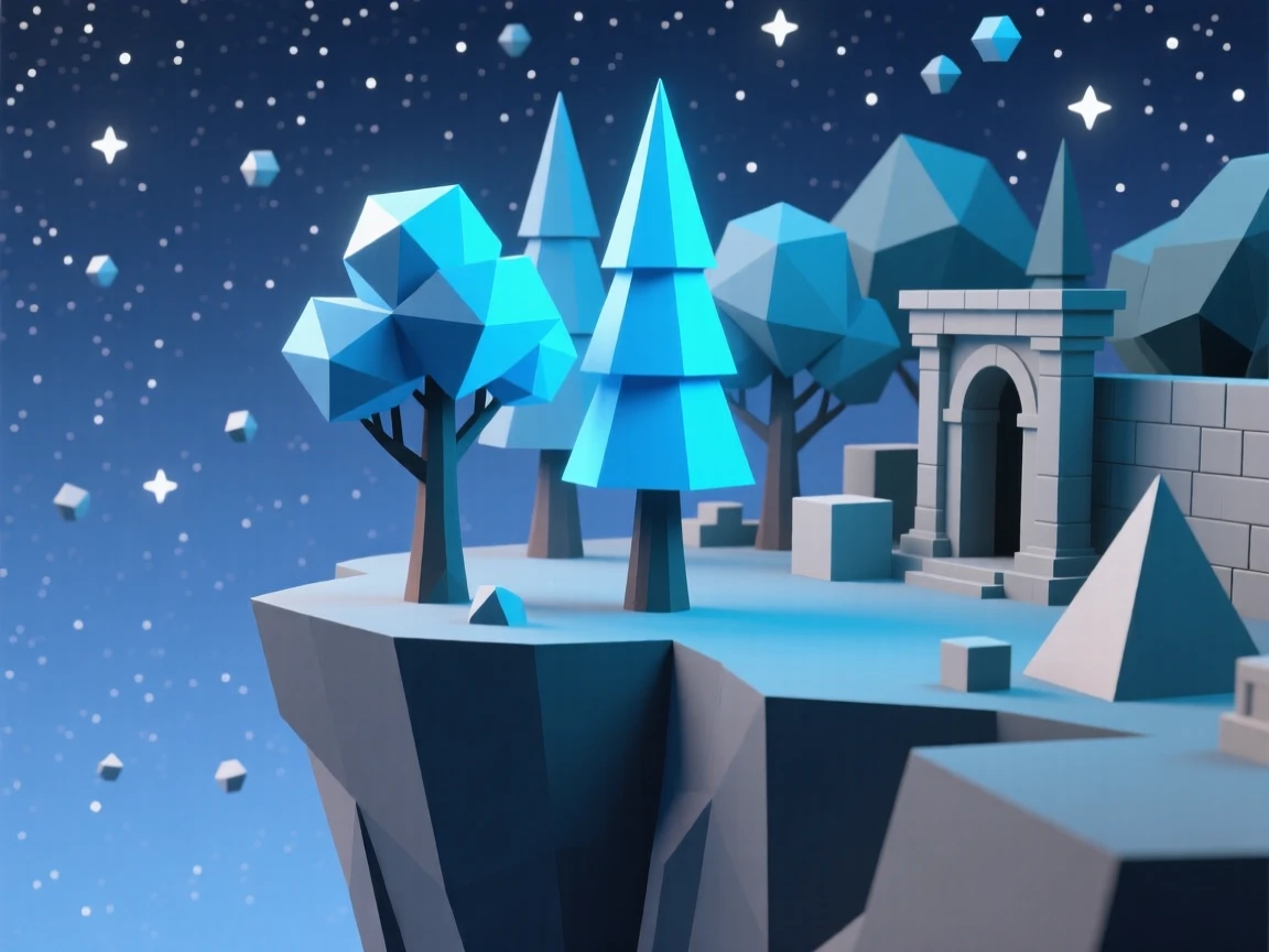An enchanted forest with luminous blue trees, atop a cliff overlooking an endless starry sky. intricate details enrich the ancient architecture. The mood is mysterious yet inviting.