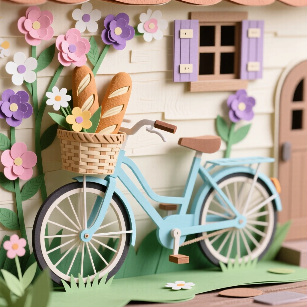 A well-loved bicycle leaning against a flower-covered cottage wall, a woven basket filled with fresh bread and blooms, evoking simple countryside charm.