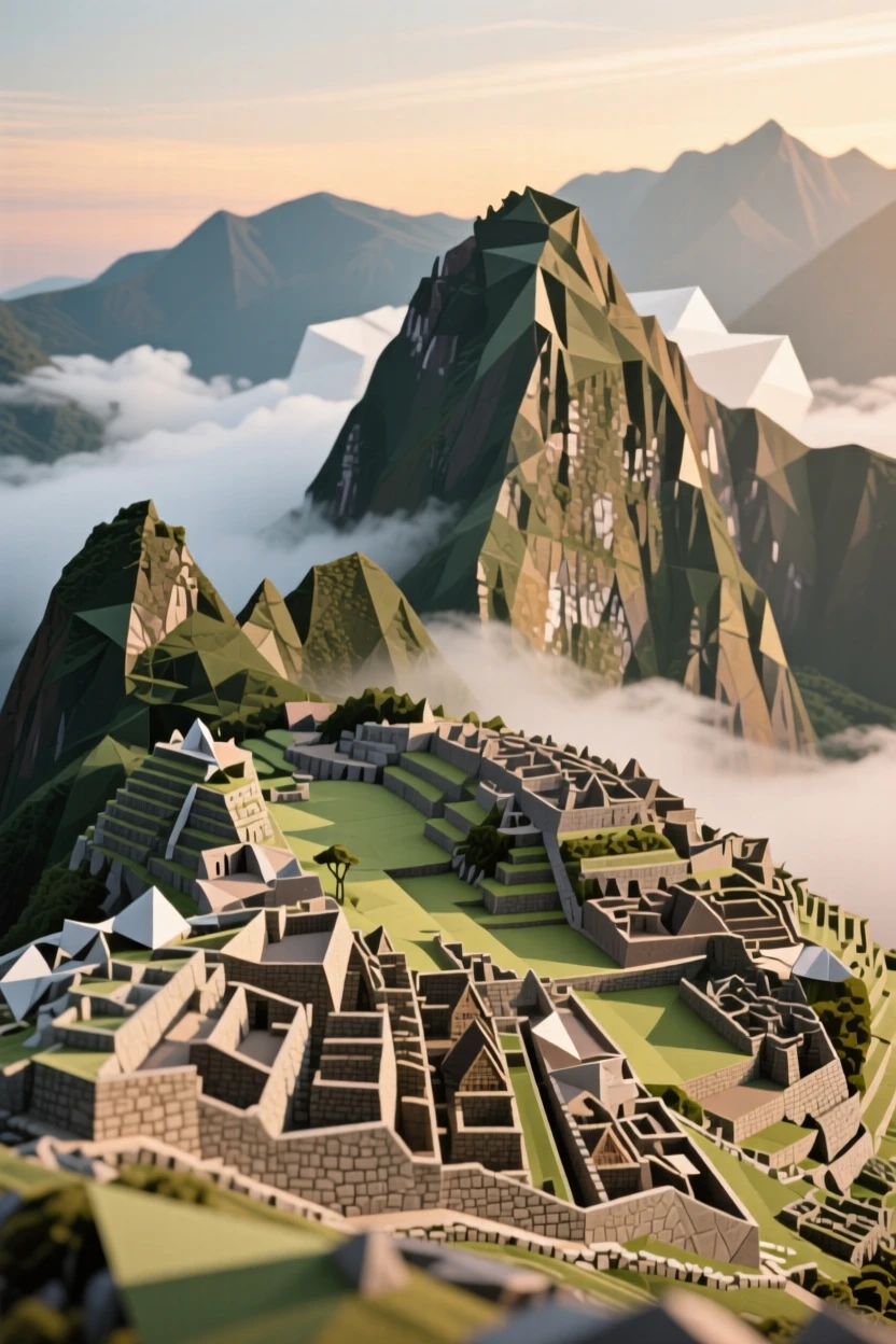Machu Picchu perched among cloud-wrapped Andean peaks at dawn.