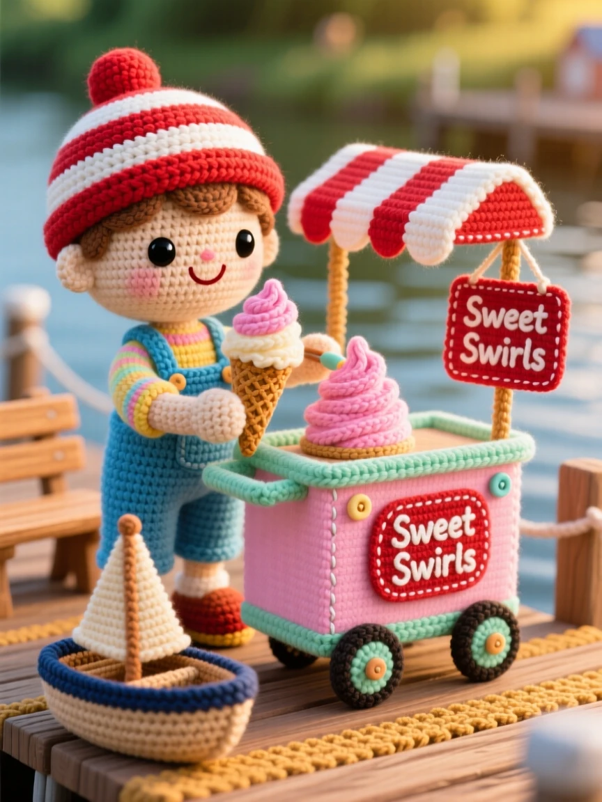 a cheerful ice cream vendor, with a colorful cart and a striped hat, is captured scooping a swirl of ice cream into a cone in a peaceful riverside dock at golden hour beside a small wooden toy left on a bench, radiating comforting familiarity and small-town charm.