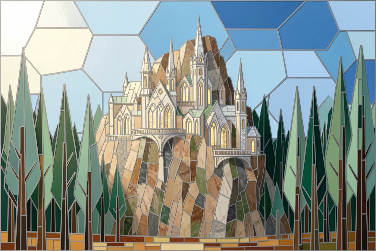 An ancient elven city built into a towering cliffside forest.