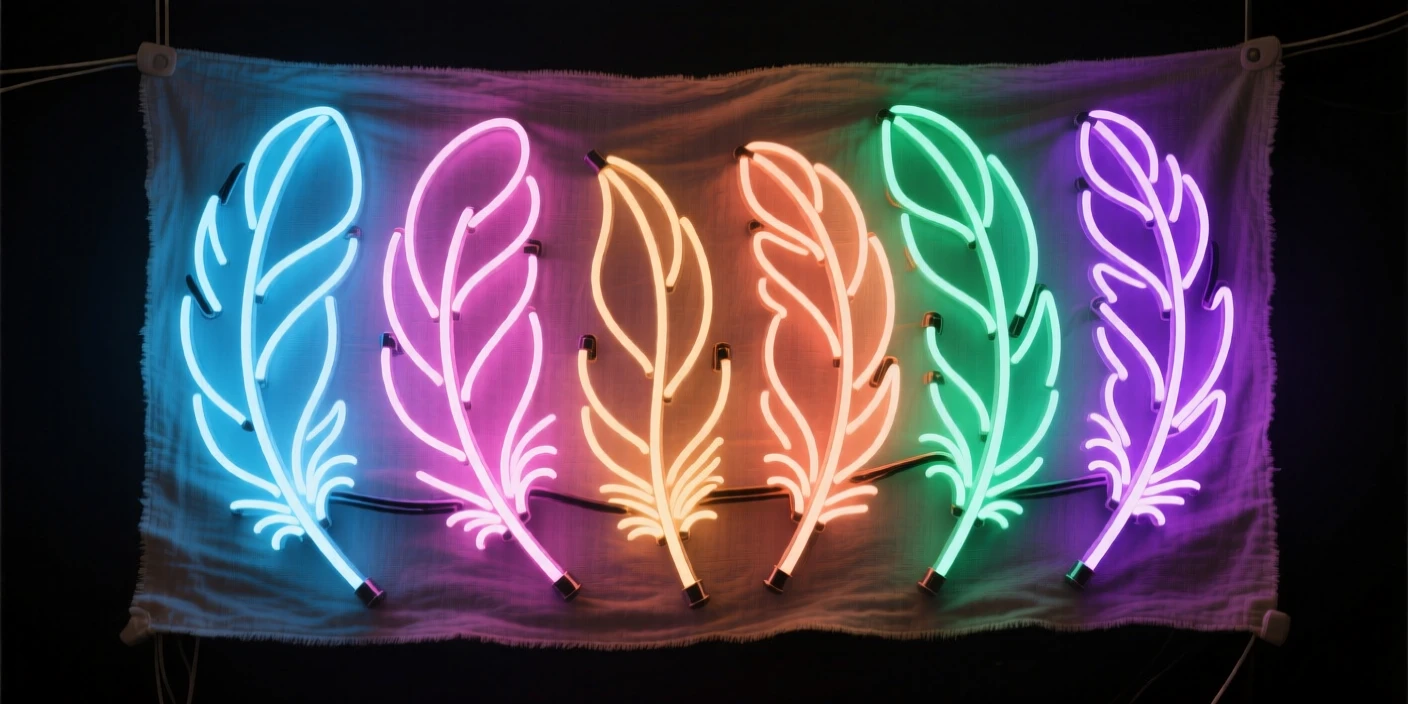 A collection of feathers arranged by color on a linen cloth.