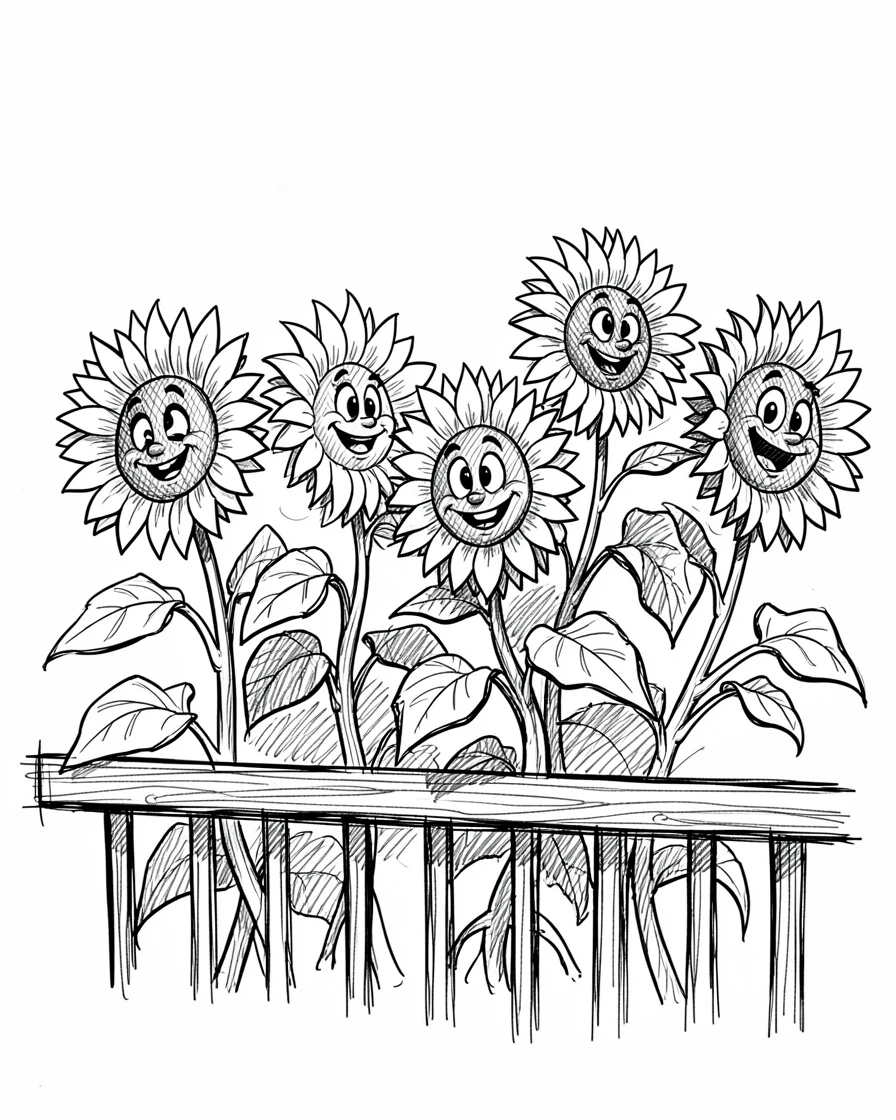 A field of blooming sunflowers along a sunny balcony railing.