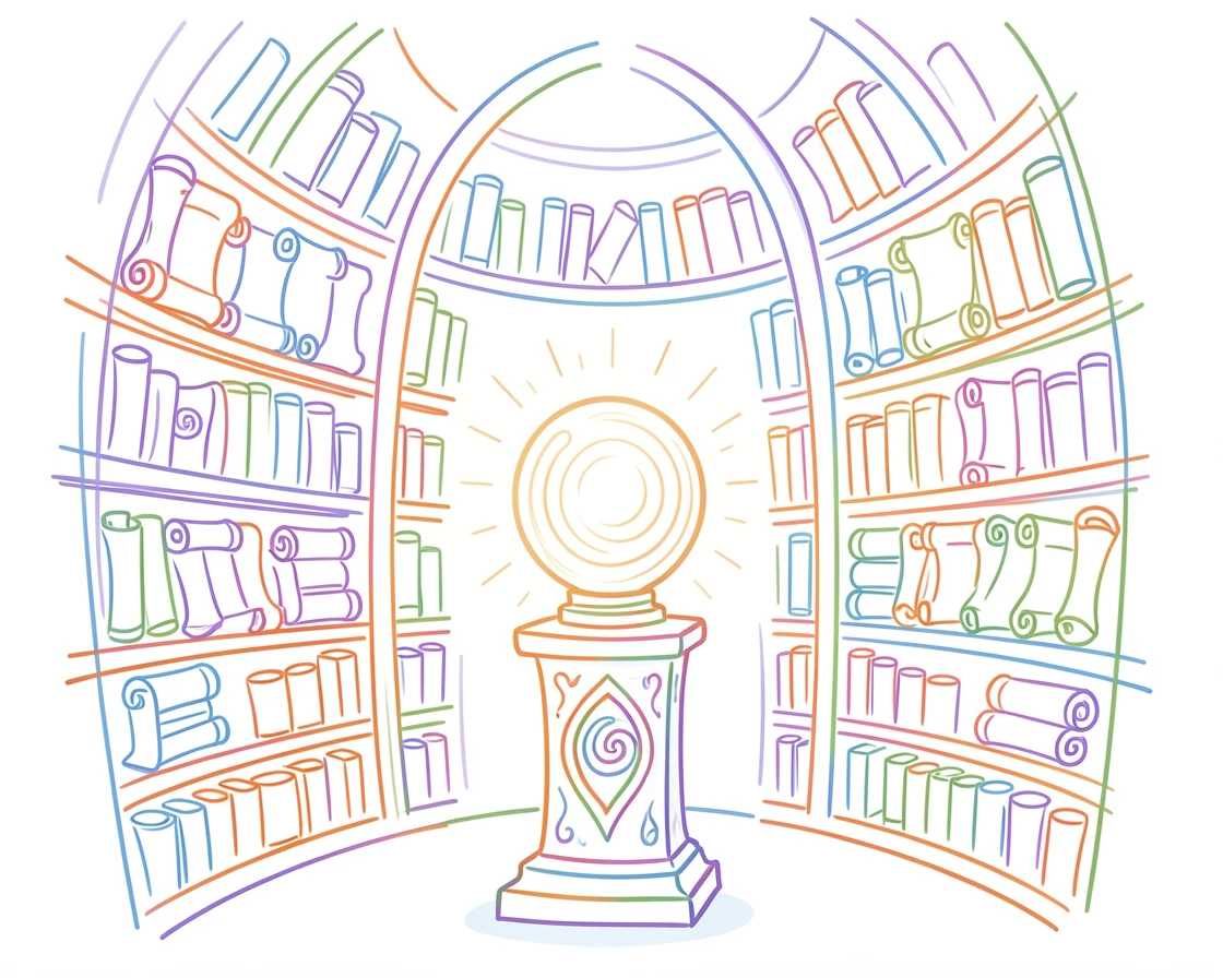 A sorcerer's tower library filled with ancient scrolls and a glowing orb.