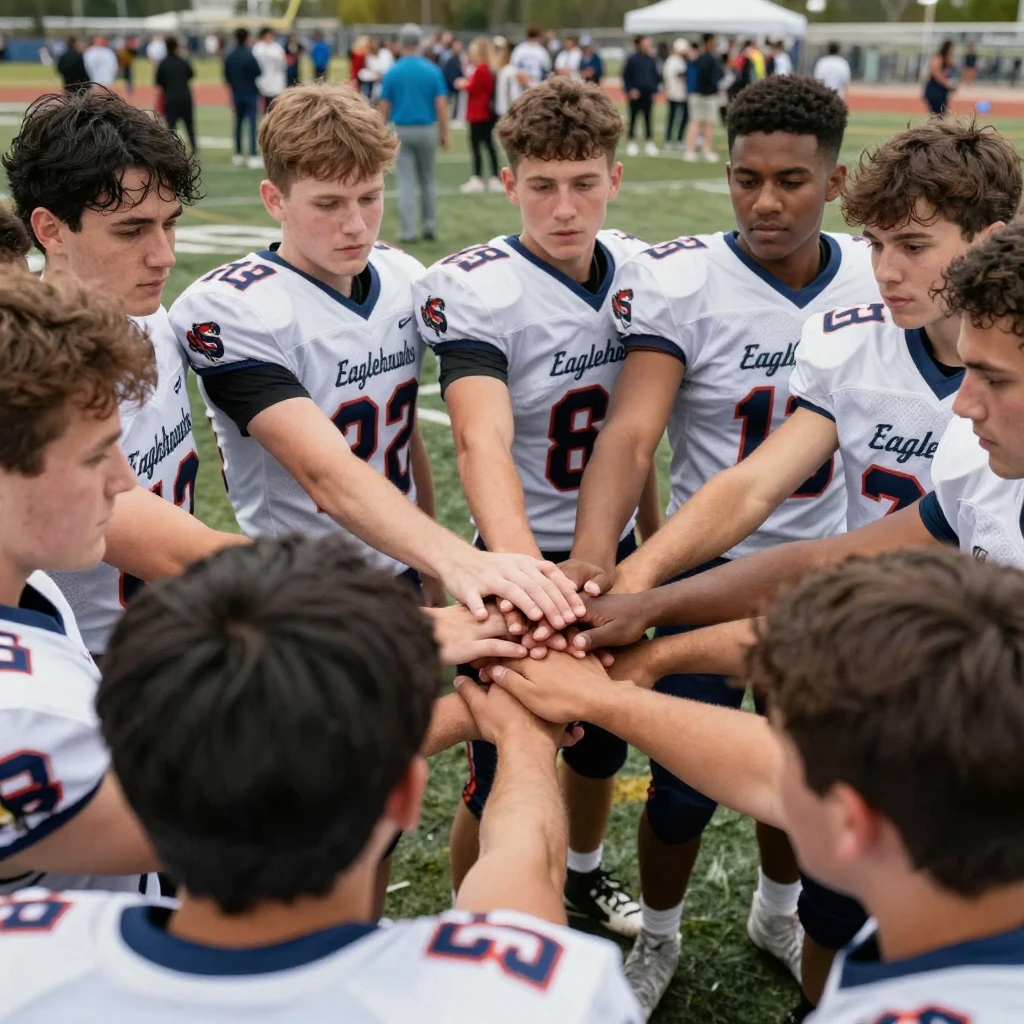 A team huddles together before a big game, hands stacked in the center.