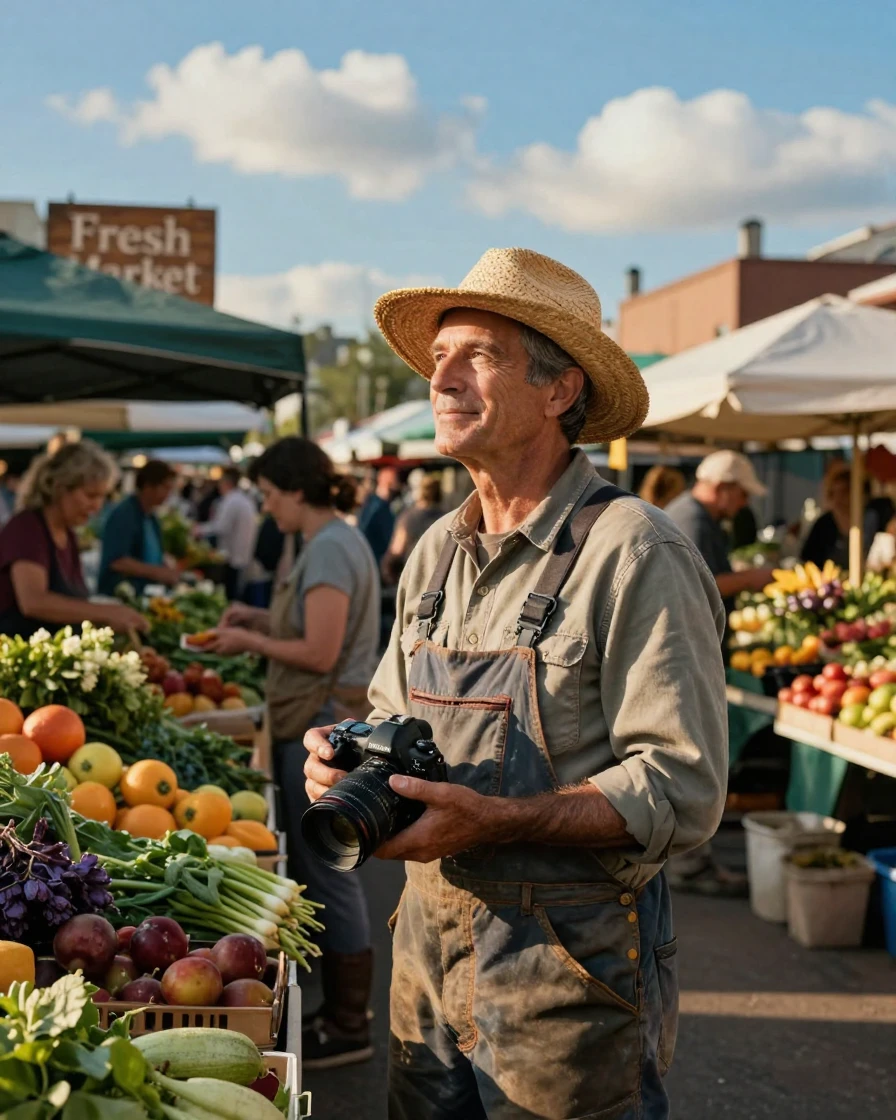 A middle-aged gardener watching the clouds drift slowly by in a bustling open-air market, a gentle smile crossing their face