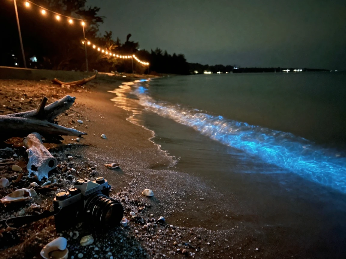 Bioluminescent waves glowing blue along a dark midnight shore, under strings of warm string lights, with frost coating every surface, in the height of summer, with muted olive and rust colors, at eye level, intimate and direct.