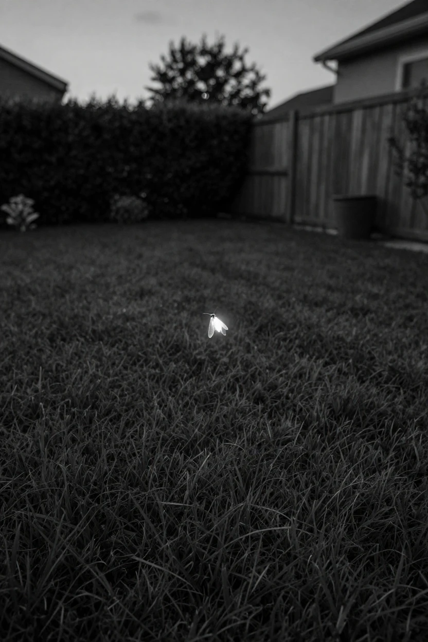 A firefly glows softly in the summer dusk above a quiet backyard lawn.