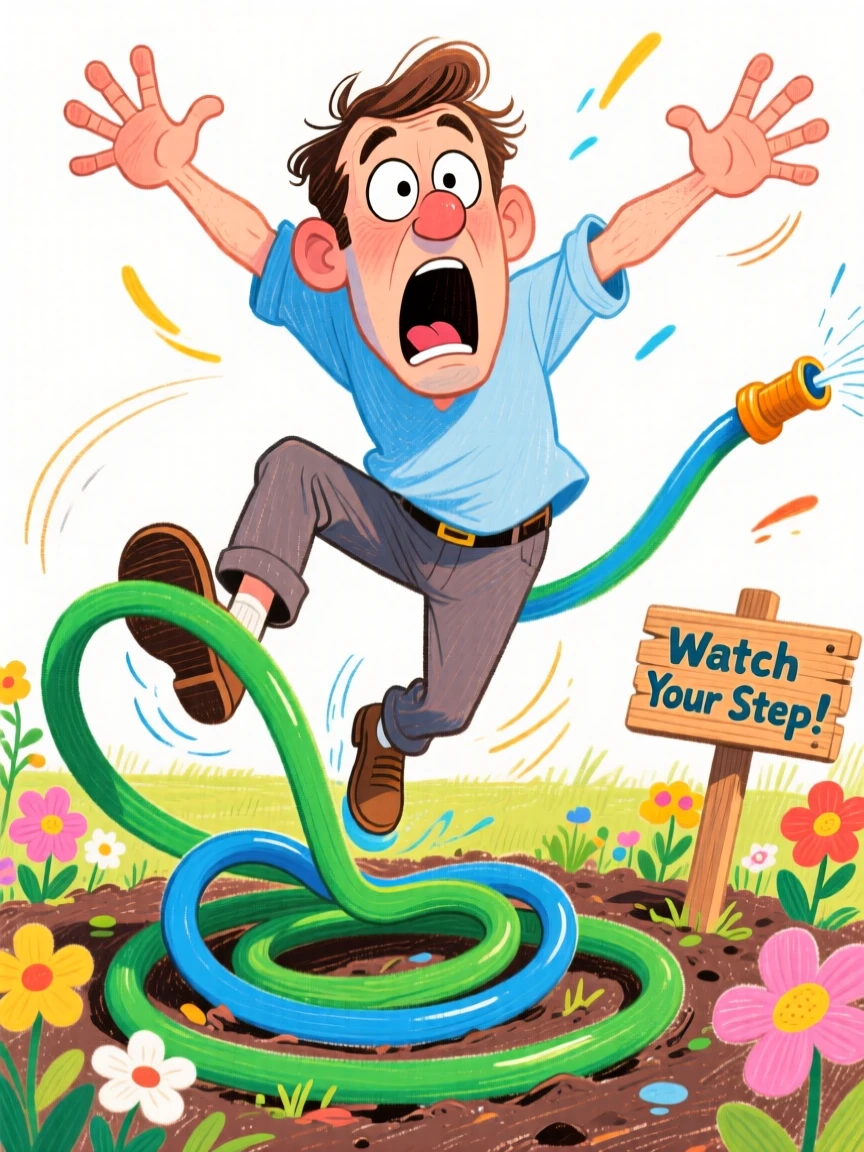A man mid-trip over a garden hose, arms flailing dramatically.