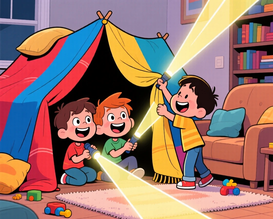 A playful childhood moment of kids building an epic blanket fort in the living room, flashlight beams crossing inside.