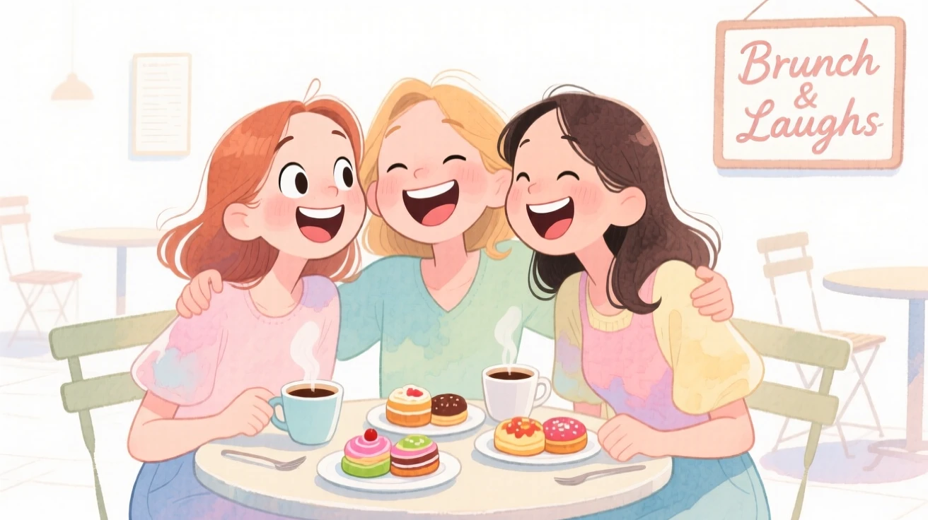 A close-knit group of girlfriends laughing together over brunch at a sunny café