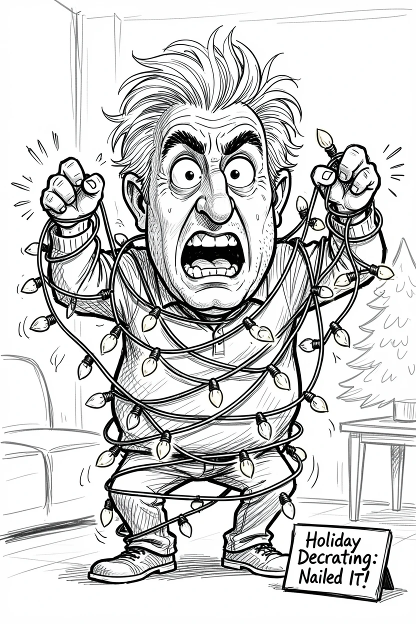[Funny & Exaggerated Situations] Comical scene of a man tangled hopelessly in string lights while decorating, exaggerated for maximum laughs