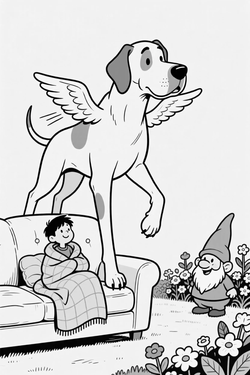 A goofy Great Dane towering over its tiny owner, flapping stubby wings in an attempt to fly, set wrapped snugly on a couch cushion. A garden gnome watches from the flower bed. There's something deeply endearing about the little chaos.