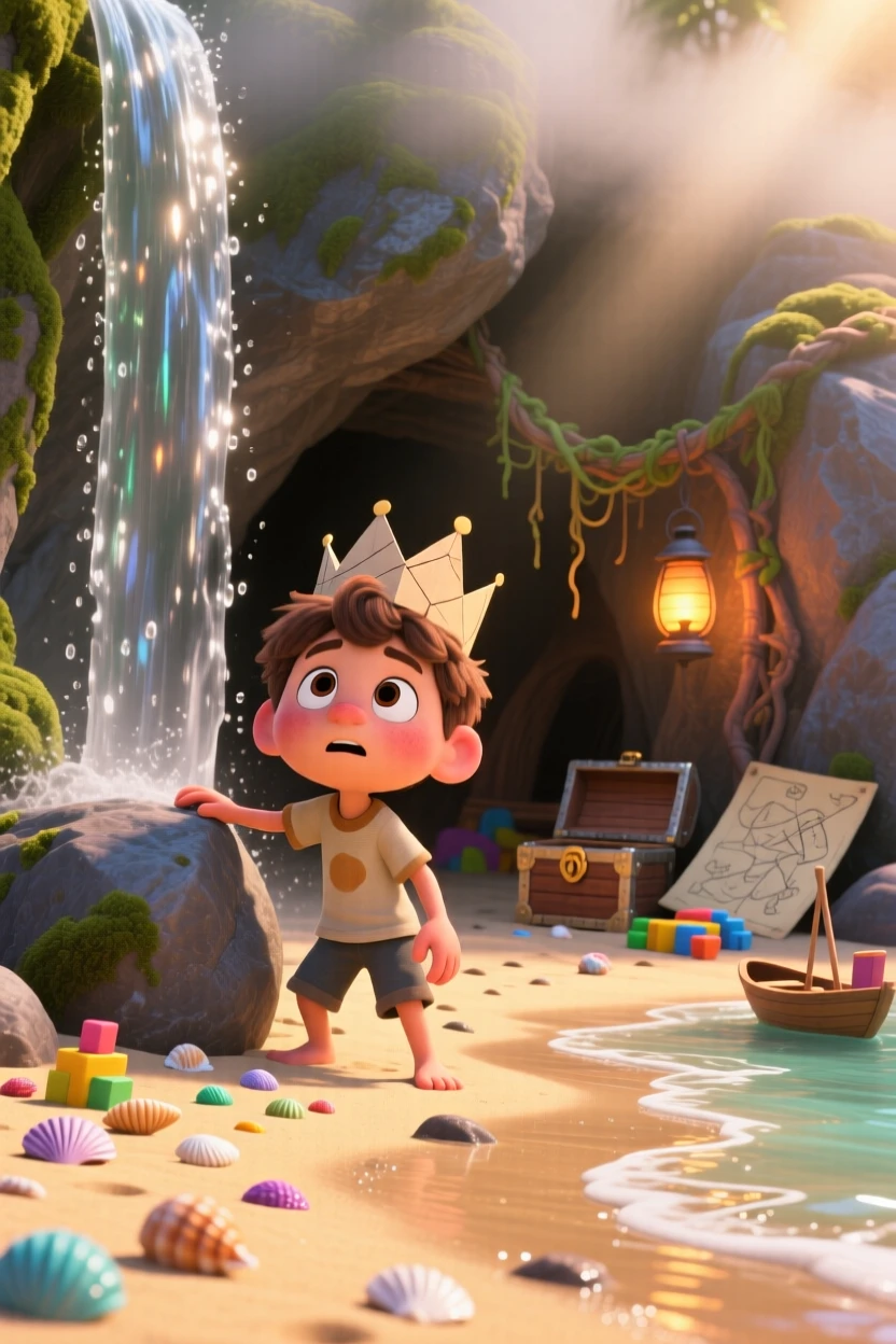 A boy discovering a secret hideout behind a waterfall takes place on a sandy beach at low tide, with a paper crown perched slightly crooked. The mood is playful, curious, and full of imagination.