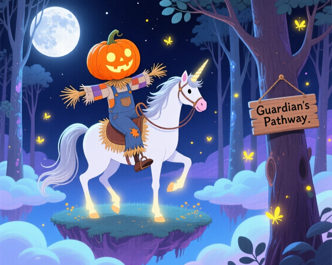 A pumpkin-headed scarecrow guardian is riding a unicorn through a moonlit forest in a floating island in the clouds, with the whole scene bathed in soft moonlight.
