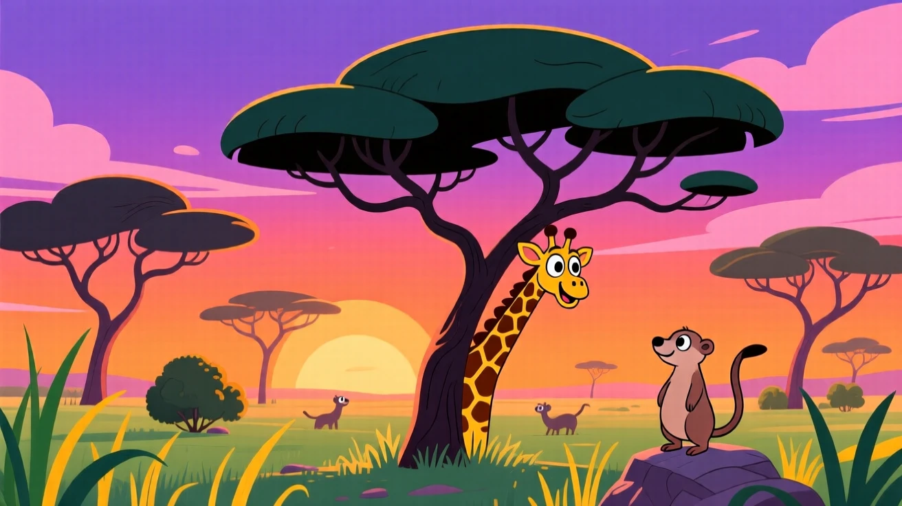 A savanna at sunset with acacia trees silhouetted against the sky.