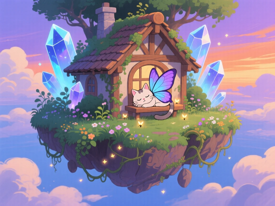 A floating island held aloft by glowing crystals, where a cat with butterfly wings napping on a windowsill can be seen nearby, the atmosphere mysteriously beautiful.