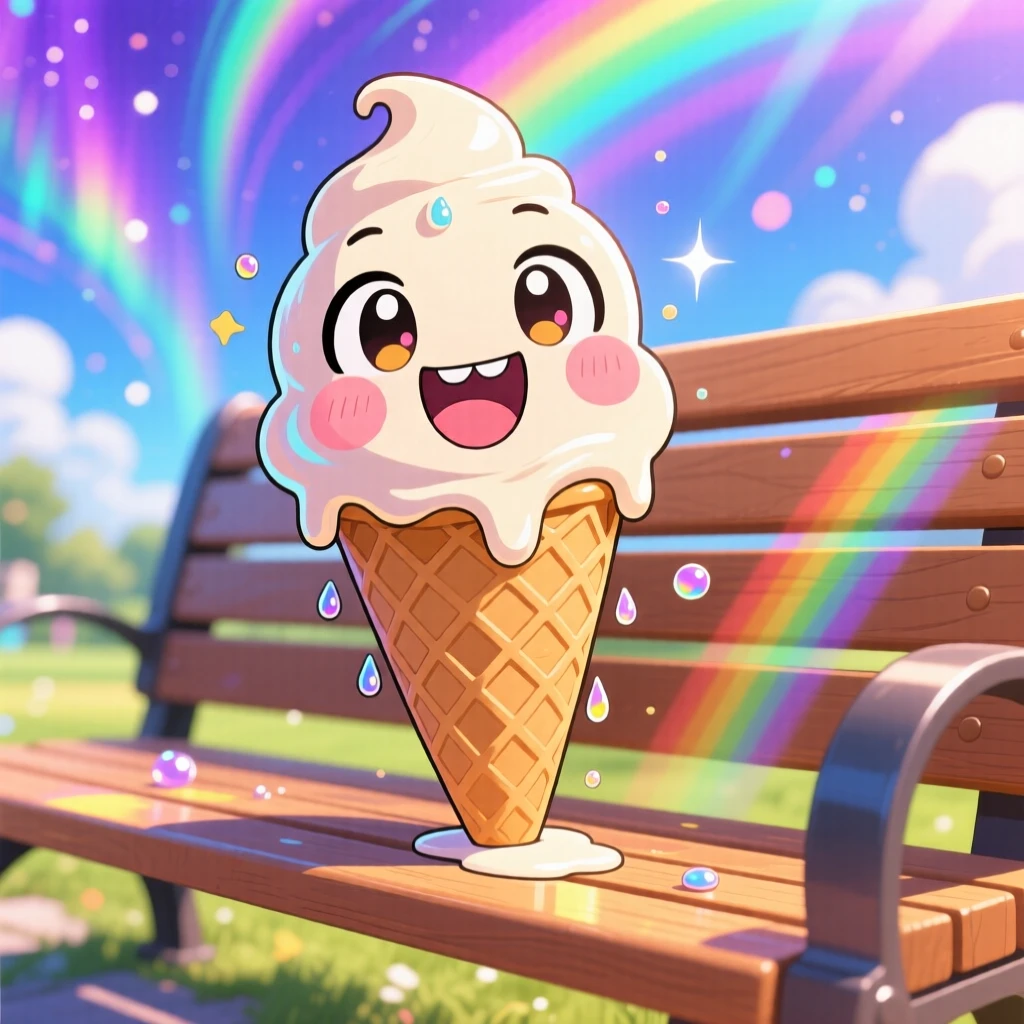 Extreme close-up of a giggling scoop of ice cream, melting playfully in the summer sun, in a sunny park bench, beneath swirling aurora-lit skies, illuminated by bright rainbow-tinted light, radiating bubbly enthusiasm.