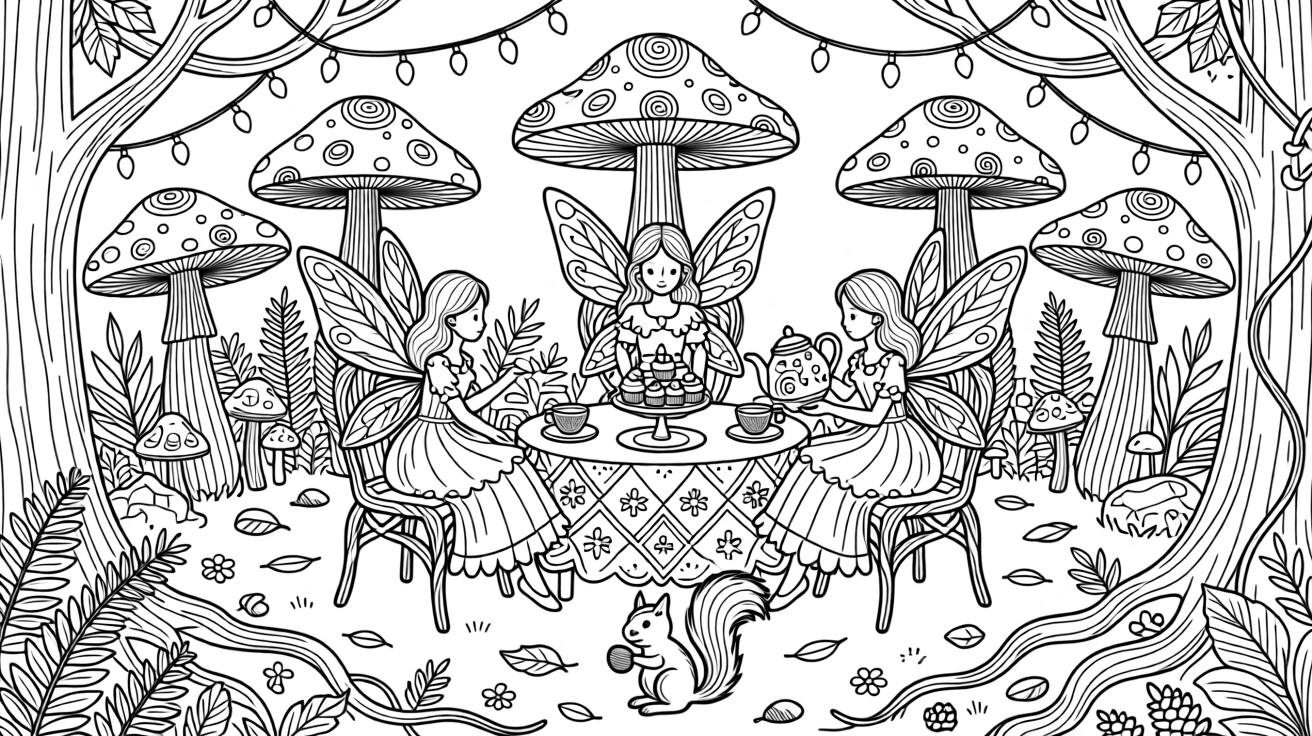 A fairy tea party set beneath a ring of toadstools.