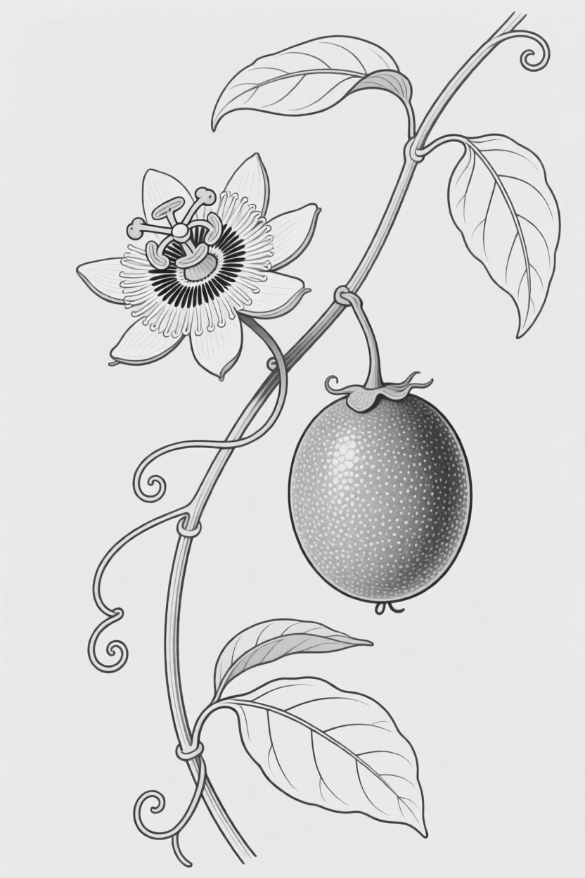 A single passionfruit vine with flower and fruit