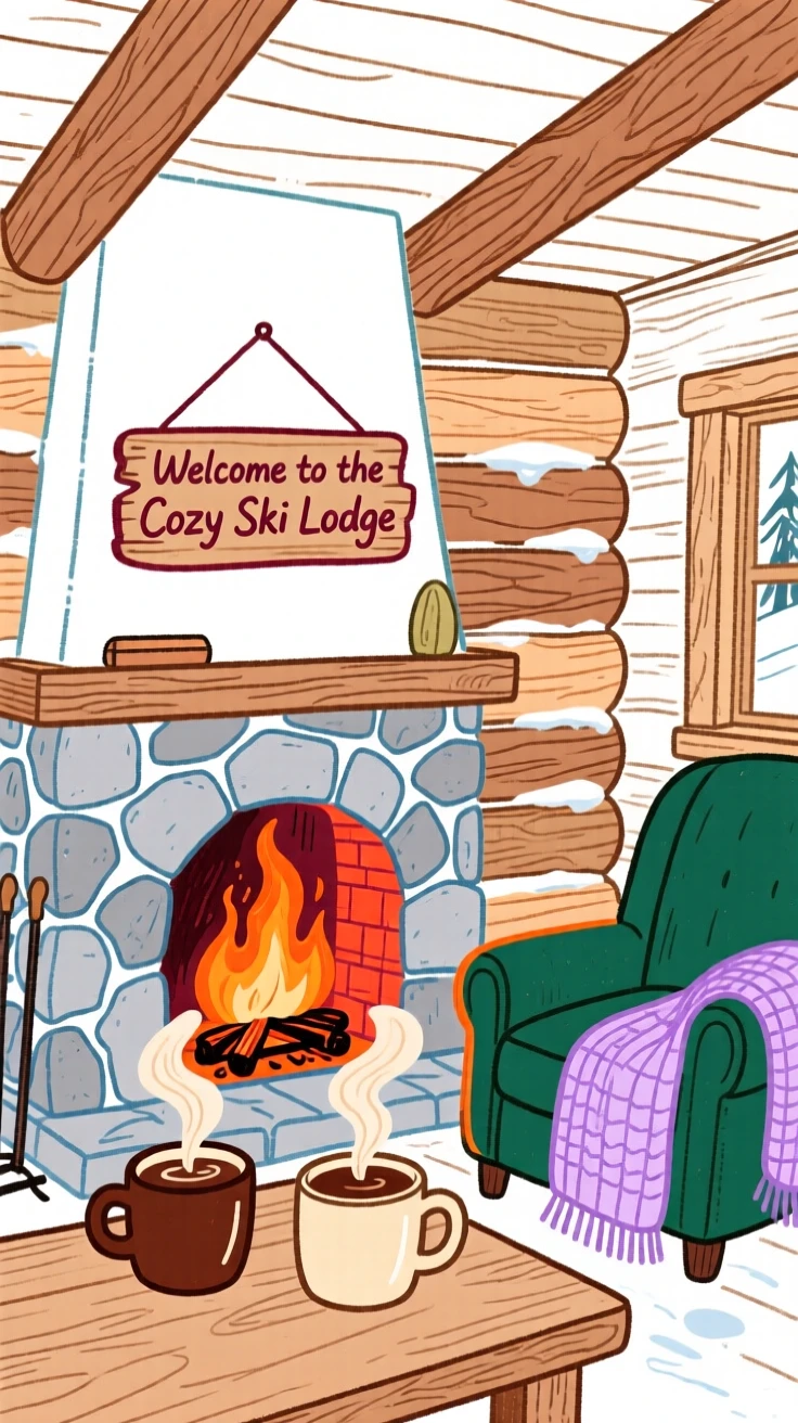 A cozy ski lodge with a roaring fire and mugs of cocoa.