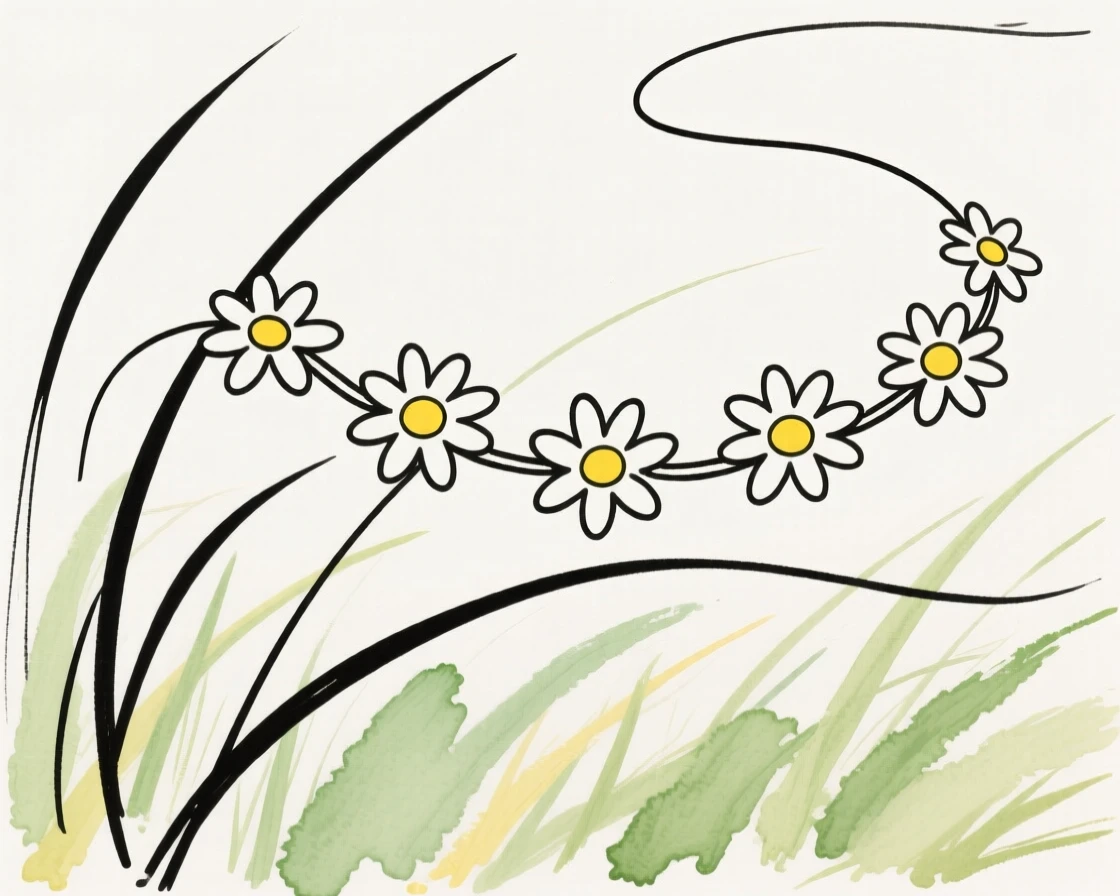 A daisy chain draped over grass