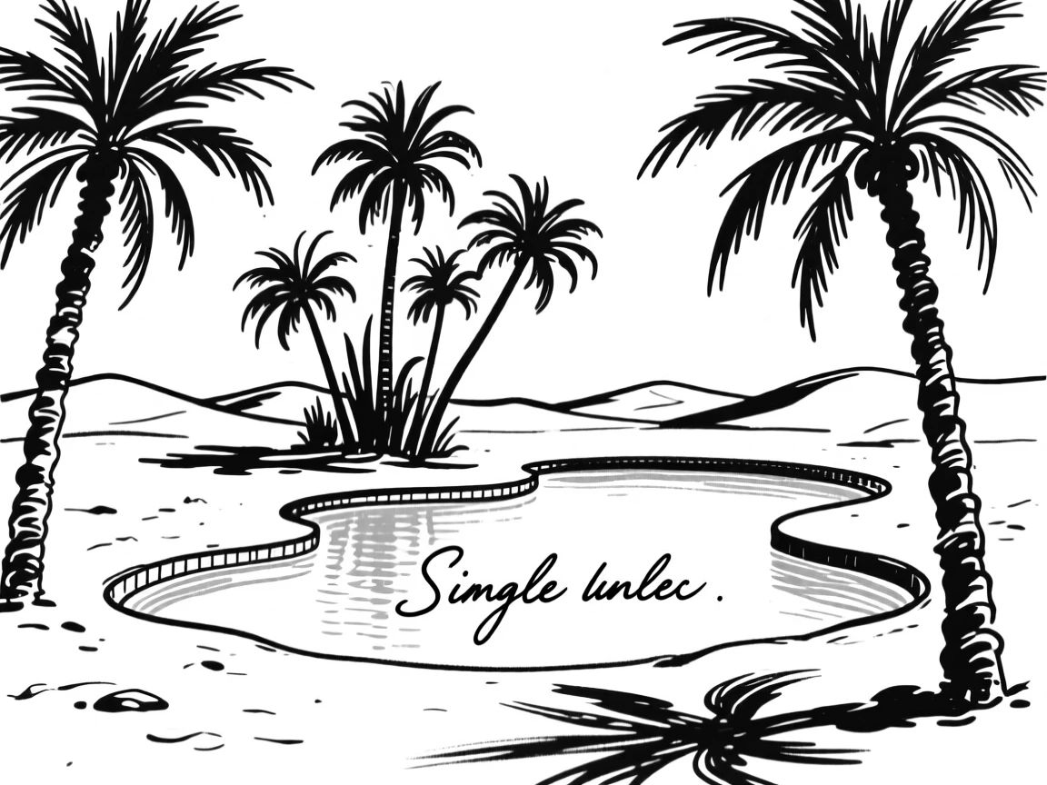A desert oasis with palm trees surrounding a clear blue pool.