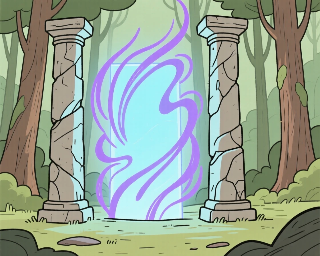 A magical portal glowing between two stone pillars in a forest.