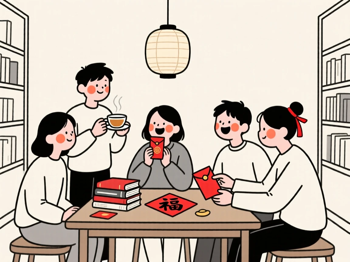 A group of friends celebrating Lunar New Year, in a quiet library.