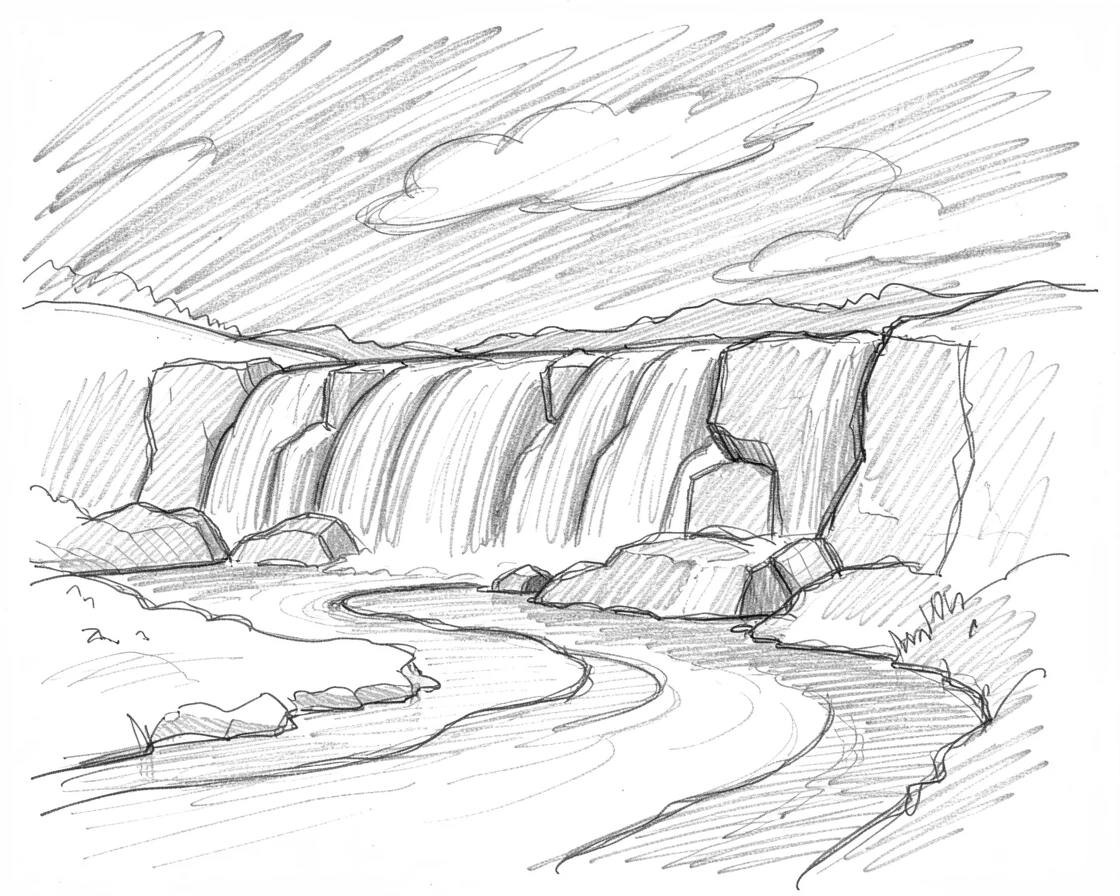 A cascading waterfall, under a dramatic sky streaked with color, with a winding river cutting through the scene.