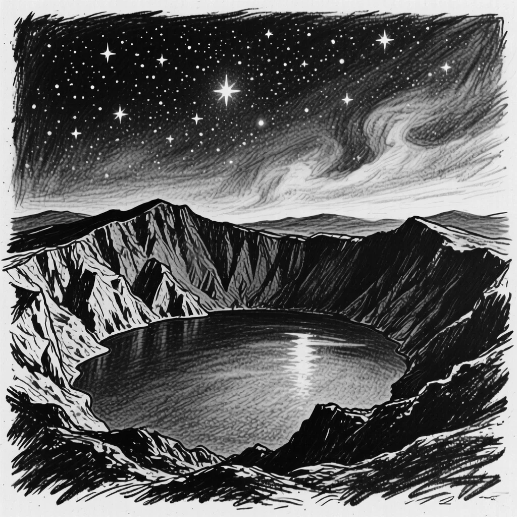 A volcanic crater lake beneath a canopy of stars.