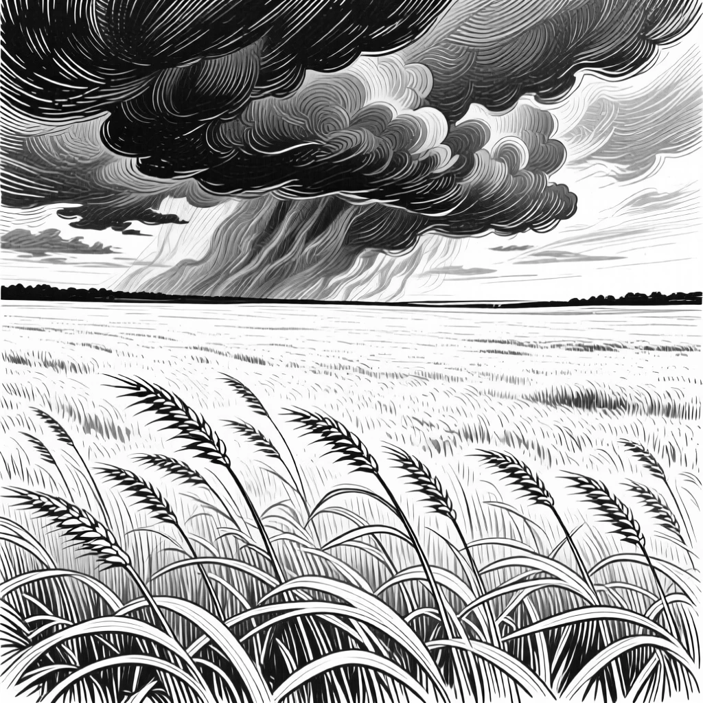 A vast open field of tall grass rippling beneath a stormy sky.
