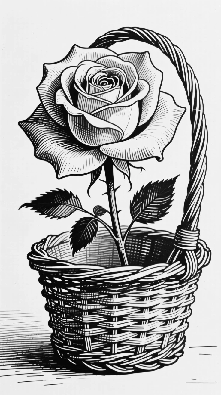 A single blooming rose spilling out of a wicker basket, with the texture of each petal richly defined, composed in a gentle and fleeting still-life arrangement.