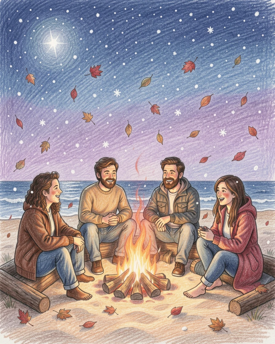 A summer beach bonfire with friends gathered under a starry sky, with gentle snowfall or falling leaves drifting through the scene, evoking treasured family memories and togetherness.