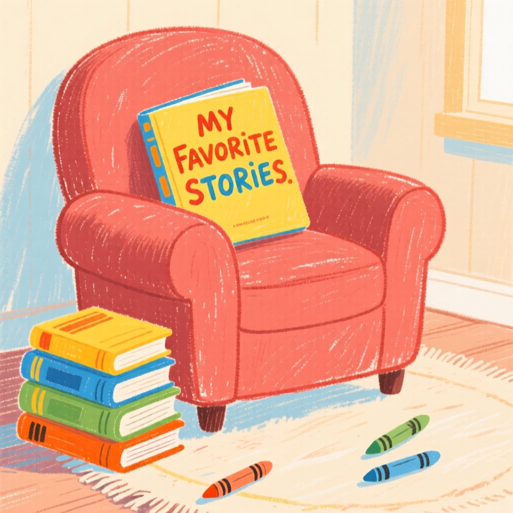 A stack of well loved storybooks beside a cozy reading chair.