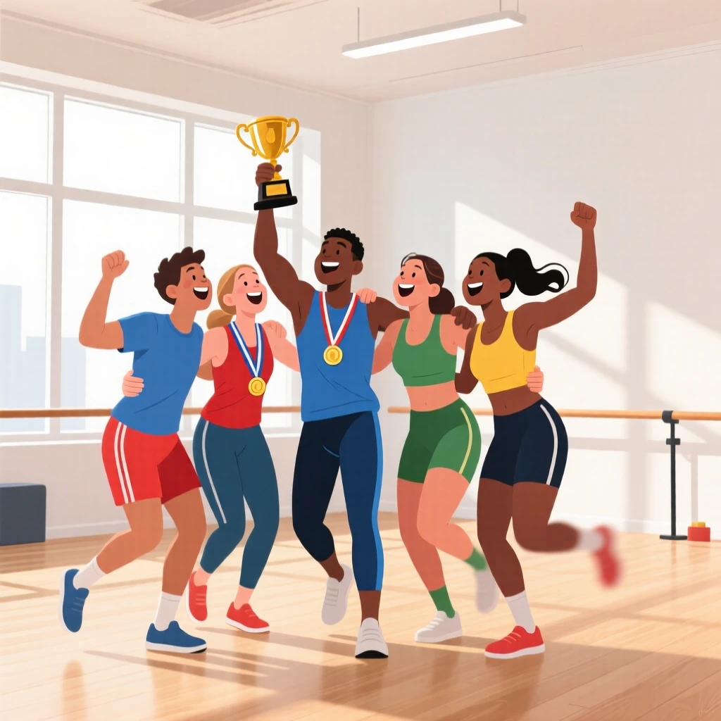A team of athletes celebrating a victory together, in a bright, airy studio filled with natural light, composed with gentle motion blur suggesting playful movement, with a sense of warmth and togetherness in every detail.